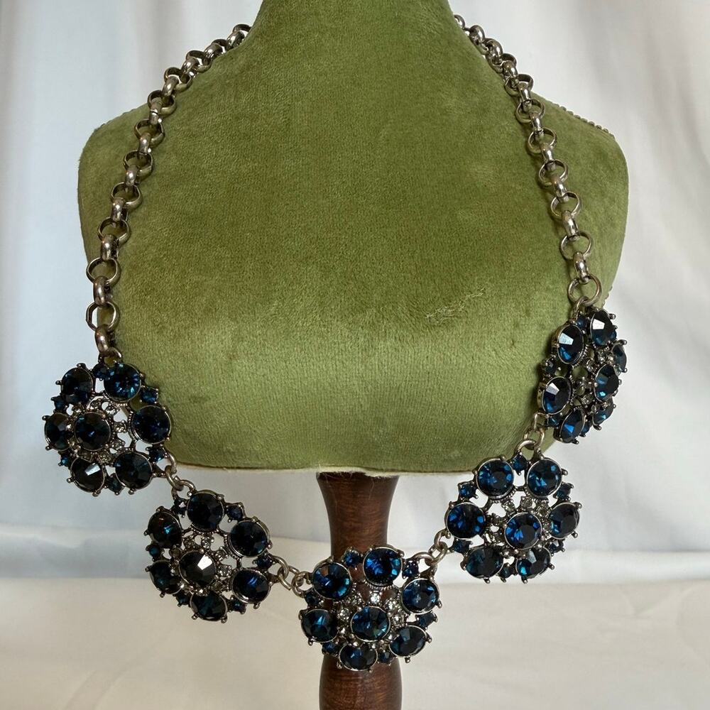Blue Rhinestone Statement Bib Necklace Sapphire Crystal Floral Collar EUC
